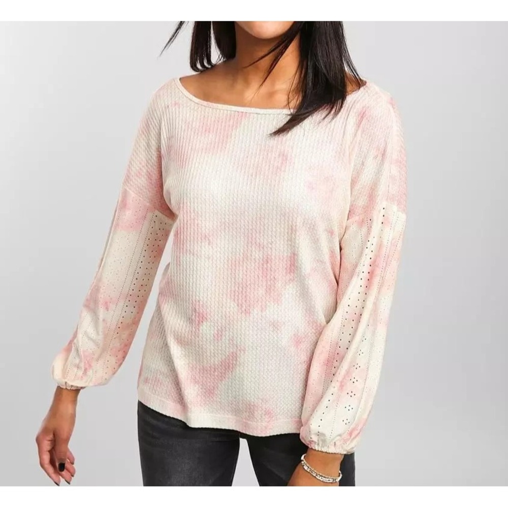 DAYTRIP BUCKLE Soft WAFFLE KNIT Pink TIE-DYE Eyelet Sleeves BLOUSE/TOP Sz XL
